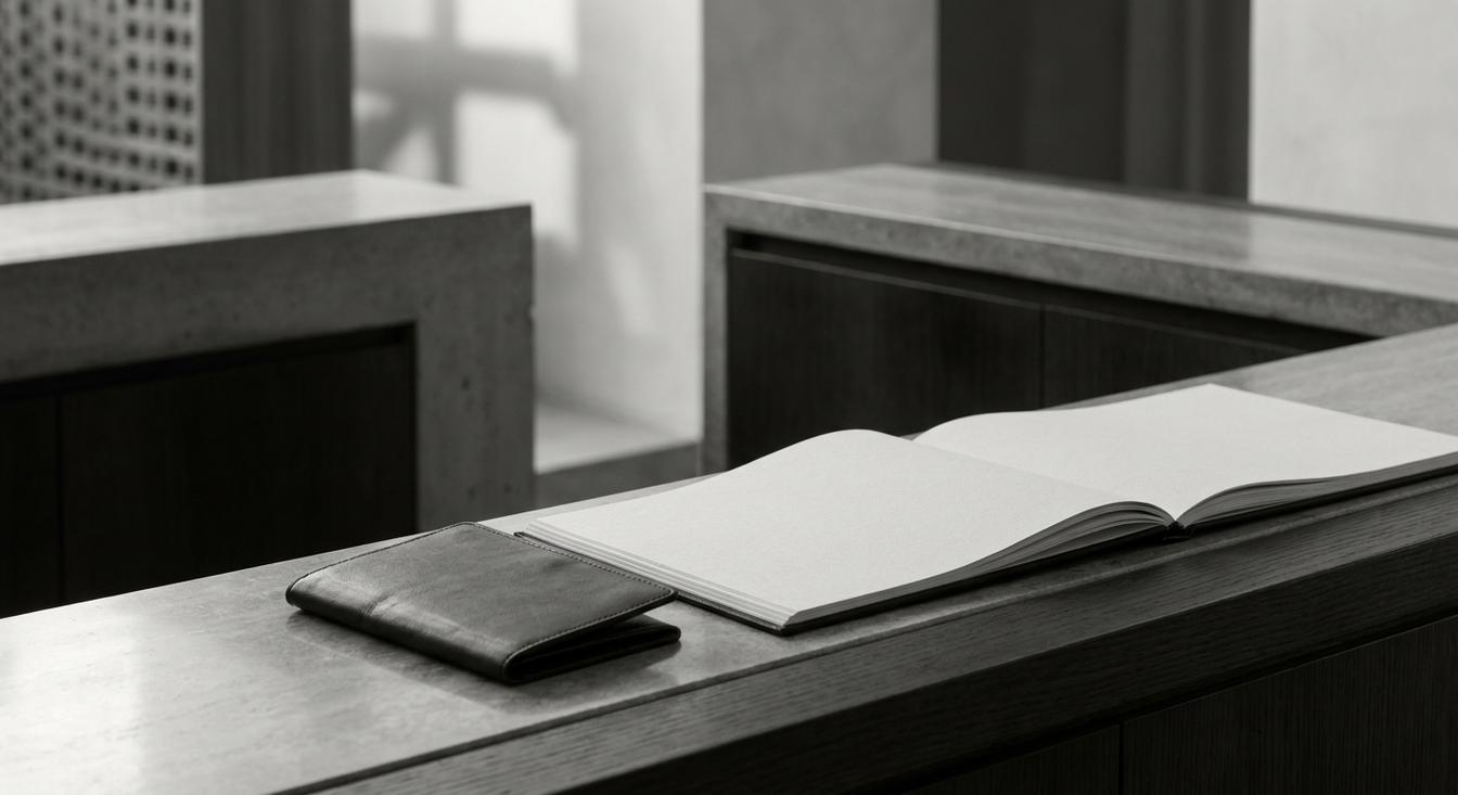 Composición abstracta en escala de grises de un mostrador de hotel con un libro de registro y un pasaporte