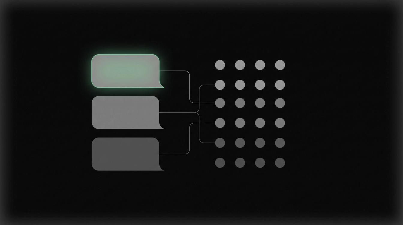Composición abstracta monocromática: tres burbujas de mensaje grises conectadas por líneas finas a una retícula de nodos, con la burbuja superior iluminada en verde