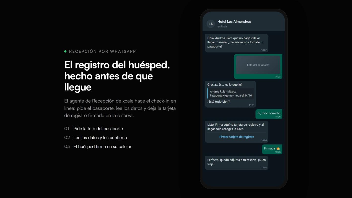 Conversación de WhatsApp en la que el agente de un hotel pide la foto del pasaporte, confirma los datos y envía la tarjeta de registro para firmar