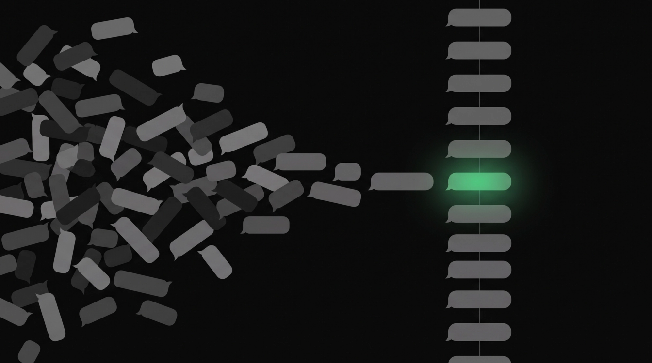 Monochrome composition: a disordered cloud of grey chat bubbles resolving into a single ordered sequence, with one green-glowing bubble