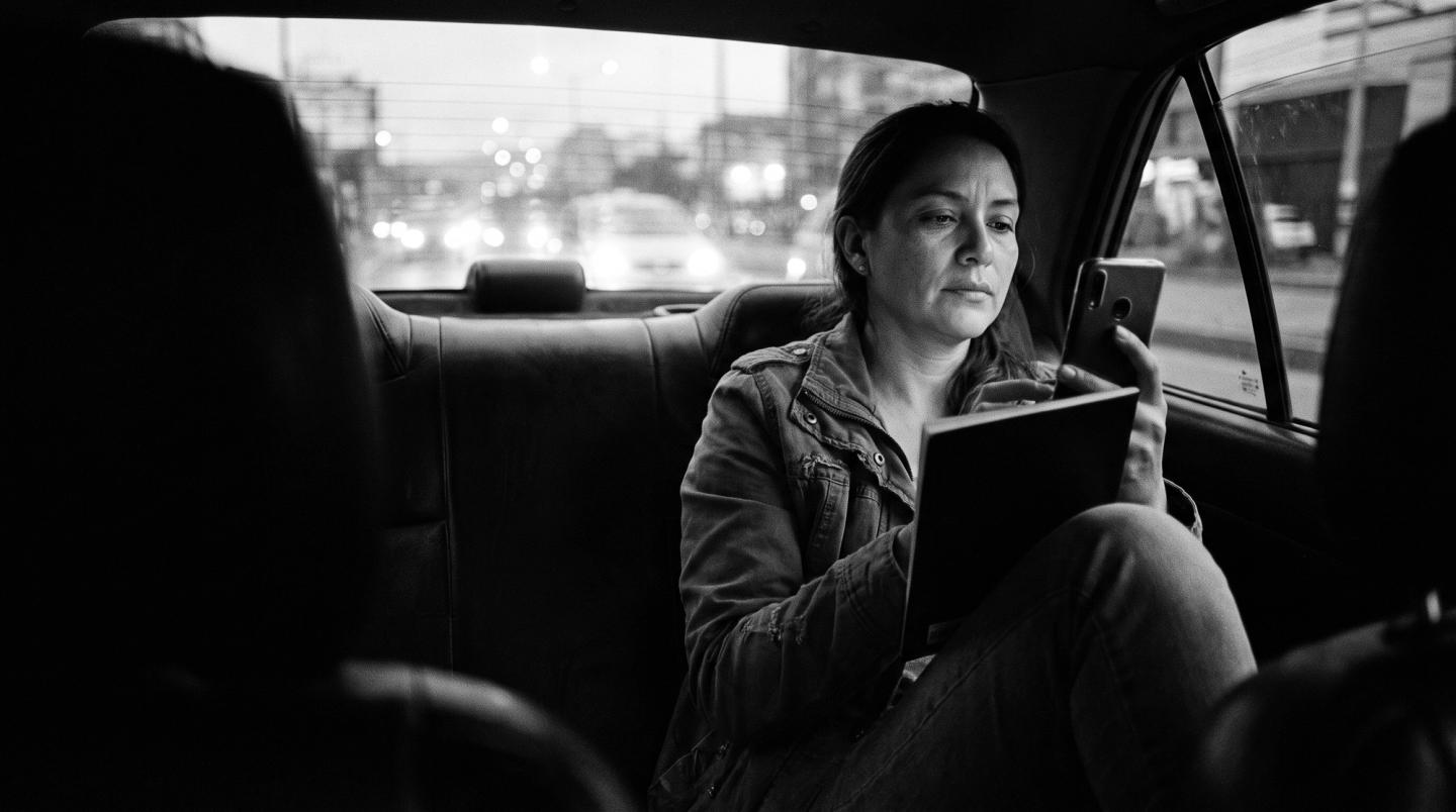 Viajera en un taxi, de camino al hotel, con su pasaporte y su celular en las manos