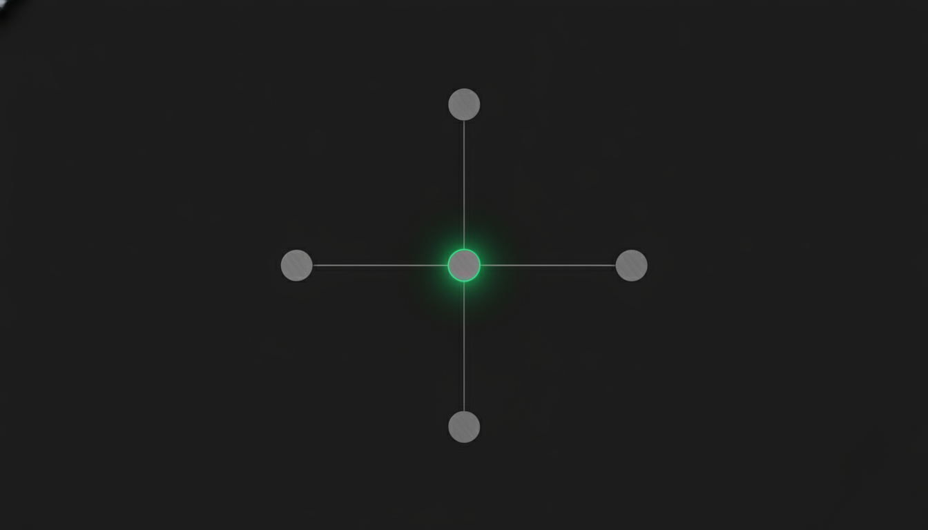 Composición monocromática abstracta: cuatro nodos conectados por líneas finas sobre fondo casi negro, uno de ellos con un leve resplandor verde