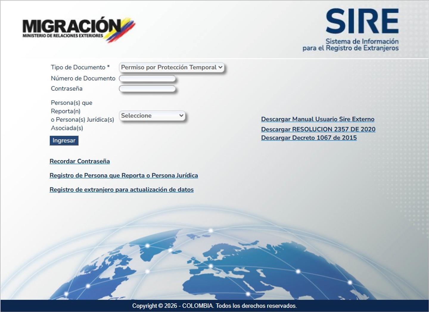 Pantalla de acceso al SIRE de Migración Colombia, con los campos de documento y contraseña y el enlace de registro de persona que reporta
