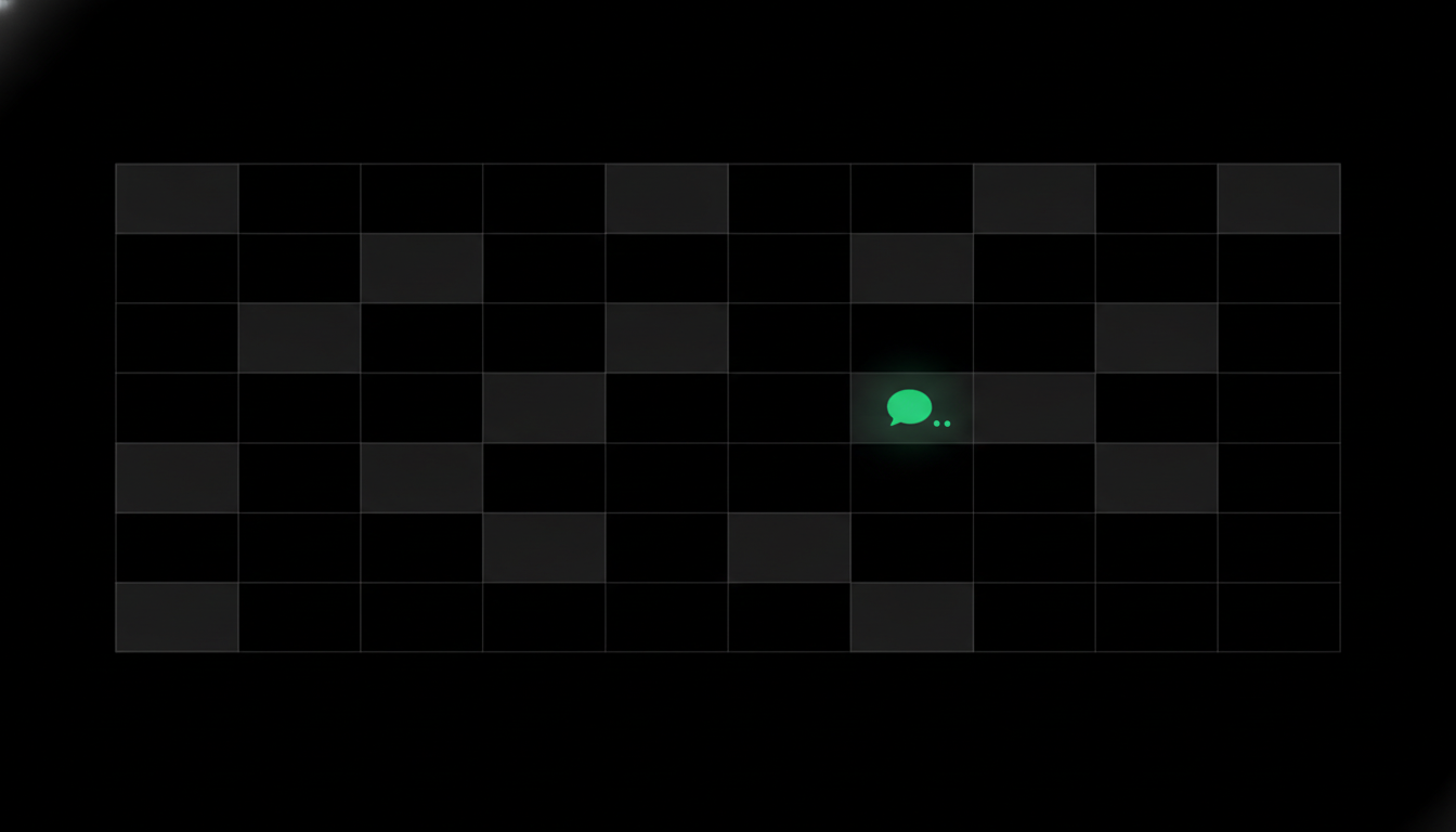 Abstract monochrome composition: a grid of appointment slots in dark grey with a single green chat bubble marking a live conversation in one open slot