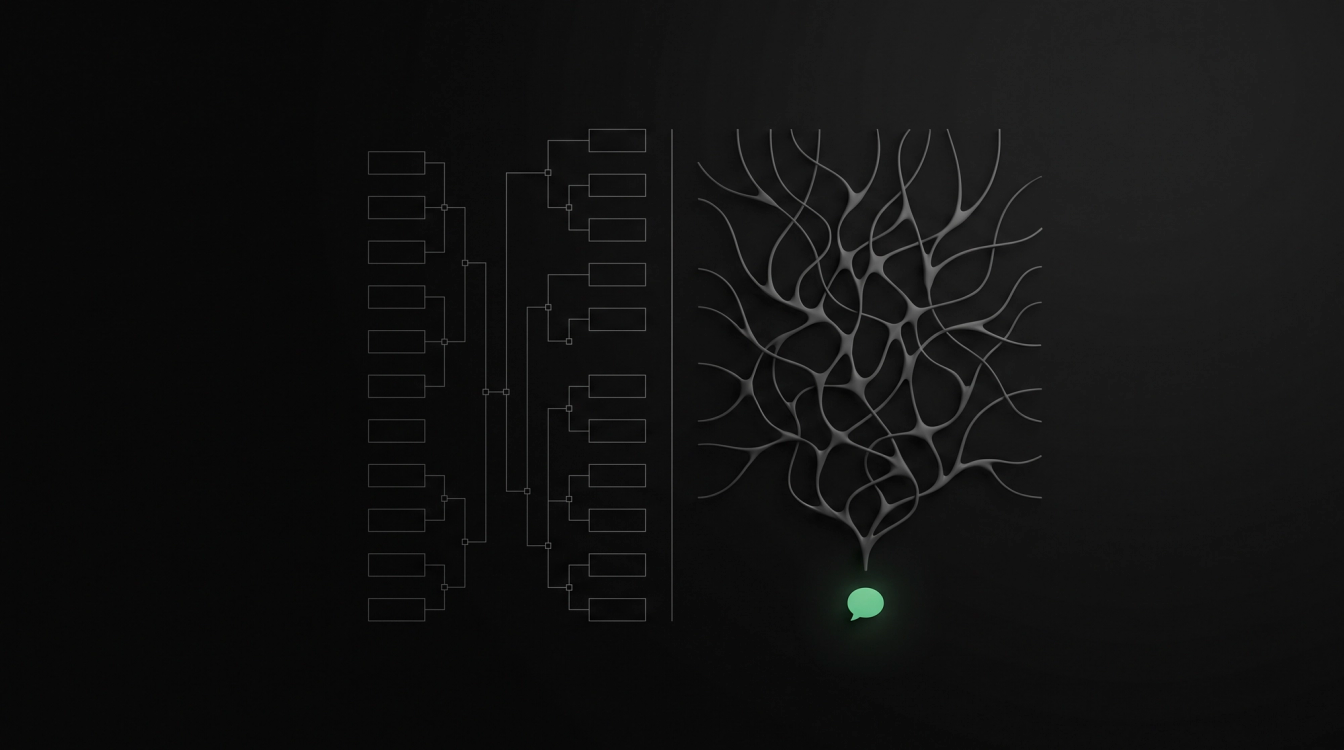 Abstract monochrome composition: a rigid node-and-branch flowchart beside an organic filament network, with a green chat bubble below