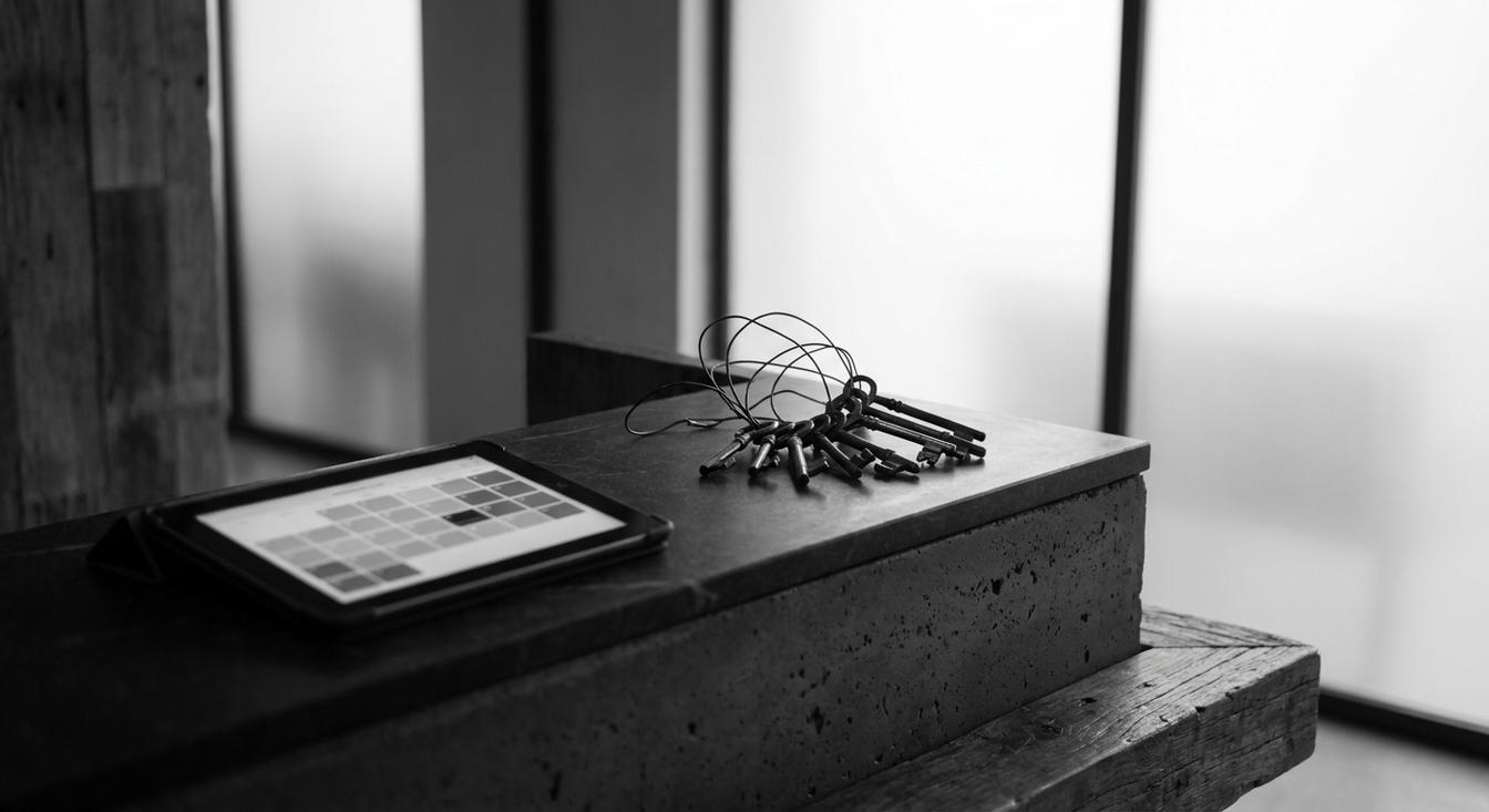 Composición abstracta en escala de grises de una recepción de hotel con una tableta que muestra un calendario de habitaciones y llaves conectadas