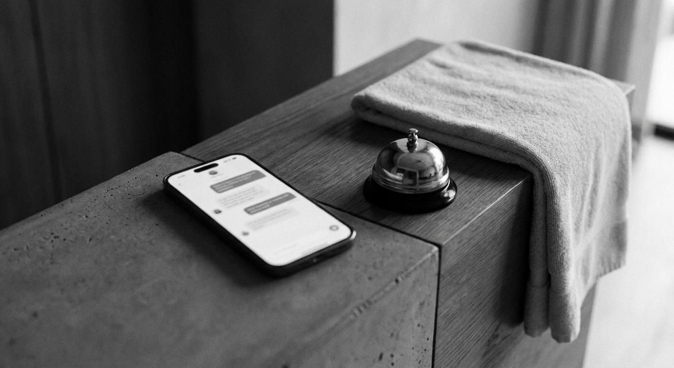 Composición abstracta en escala de grises de una recepción de hotel con un celular con un chat, una campana de servicio y una toalla doblada