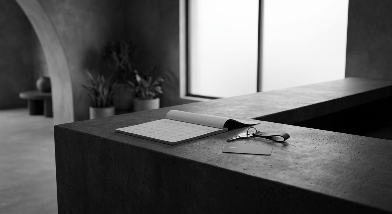 Abstract grayscale composition of a hotel reception desk with a calendar page, a room key and a payment card