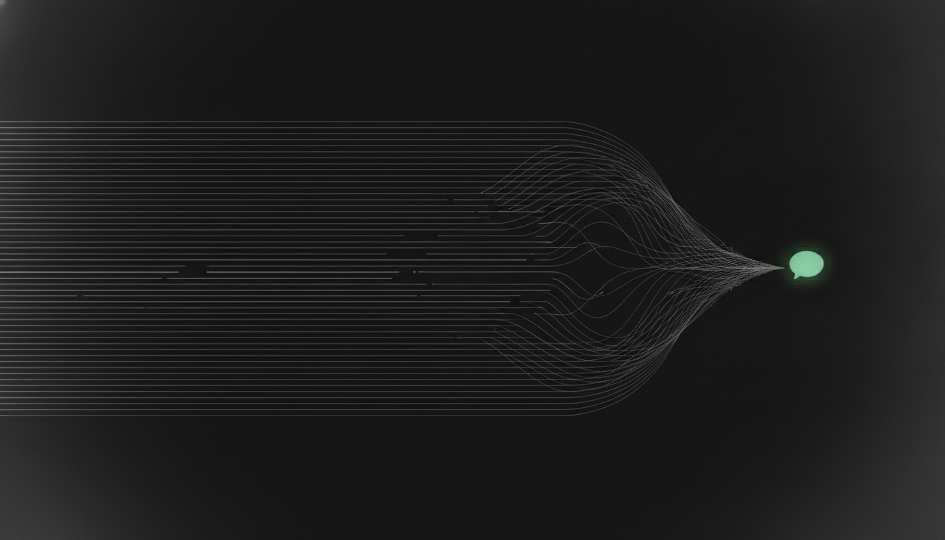 Abstract monochrome composition: straight rules bending into curves that converge on a single green chat bubble on a near-black background