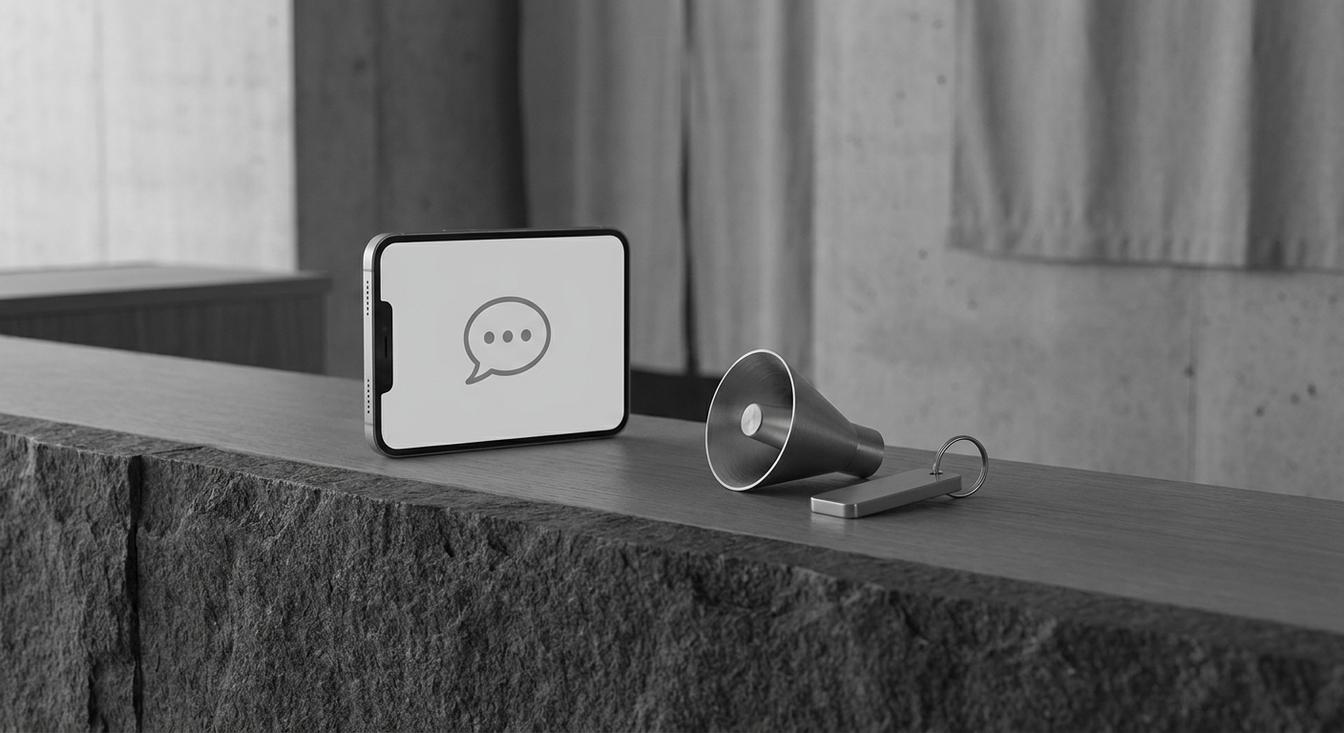 Composición abstracta en escala de grises de una recepción de hotel con un teléfono con un chat y una llave