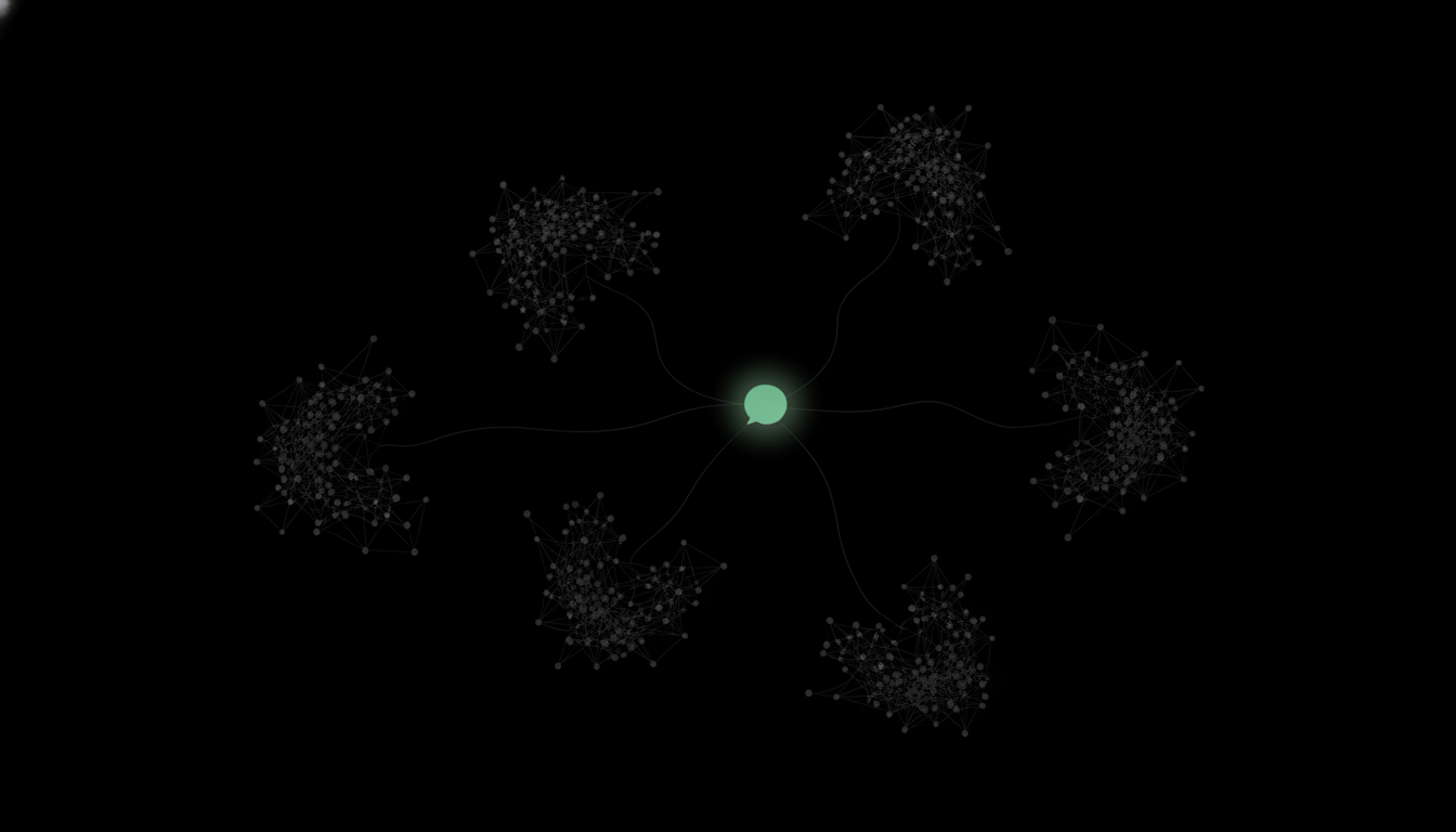 Abstract monochrome composition: six clusters of grey nodes linked by thin threads converging on a single green conversation bubble
